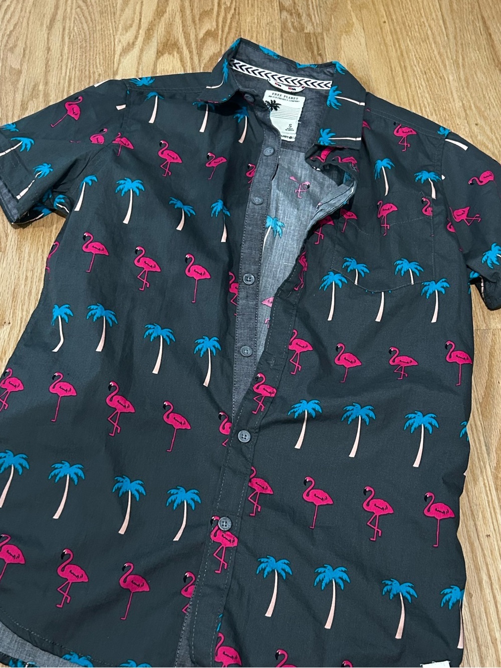 Teen/Men's Short-Sleeve Black Flamingo & Palm Print Shirt